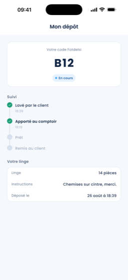 Suivi d'un dépôt : code de retrait B12 et étapes du parcours, du lavage à la remise.